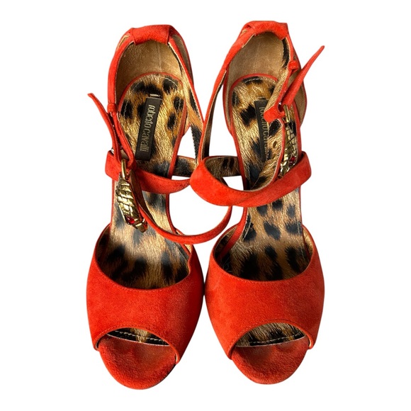Roberto Cavalli Red/Orange Suede Stiletto Heels Gold Snake Head Italy Size 7 - Picture 5 of 11